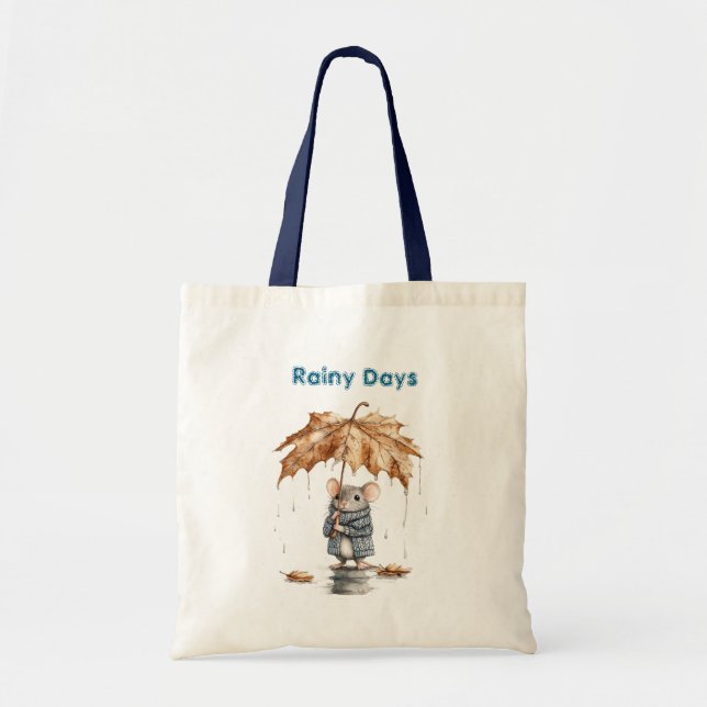 Rainy Days Blue Mouse Leaf Umbrella Cat Tote Bag (Front)
