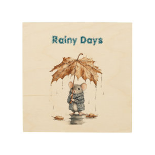 Rainy Days Blue Mouse Leaf Umbrella Wood Wall Art