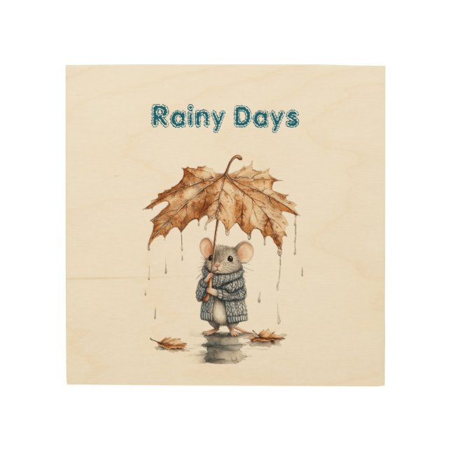 Rainy Days Blue Mouse Leaf Umbrella   Wood Wall Art (Front)