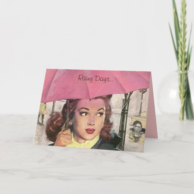 Rainy Days.. Require Pink Umbrellas! Retro Card (Front)