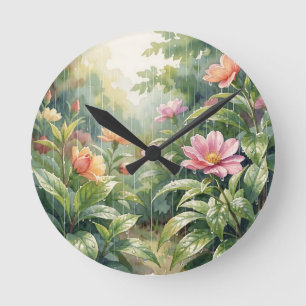 Rainy Garden Camellia Flowers Watercolor Round Clock