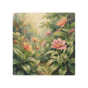 Rainy Garden Camellia Flowers Watercolor Wood Wall Art