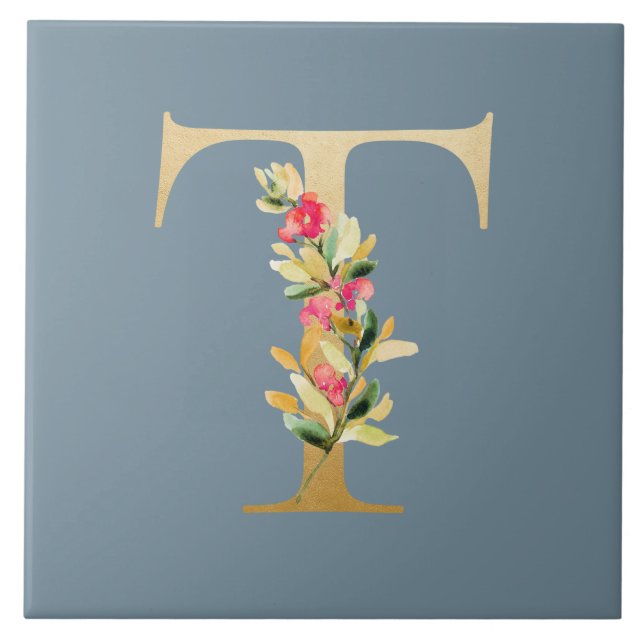 Rainy grey background faux golden T floral Ceramic Tile (Front)