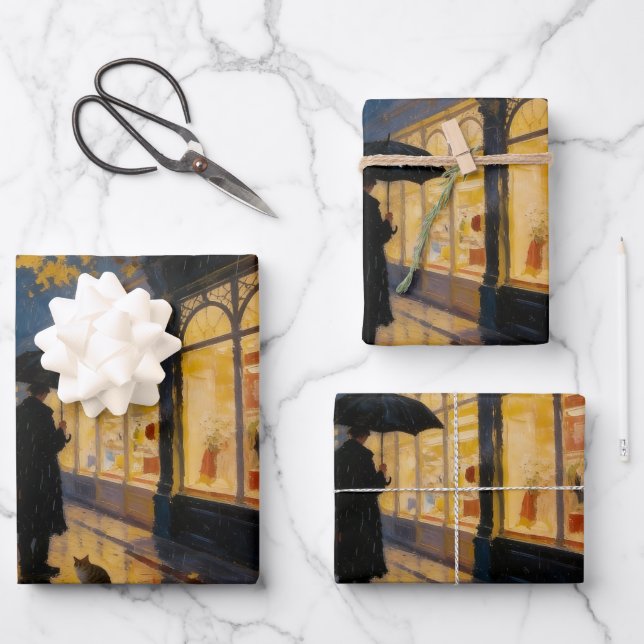 Rainy London Street with Cat & Phone Booth Wrapping Paper Sheets (Front)