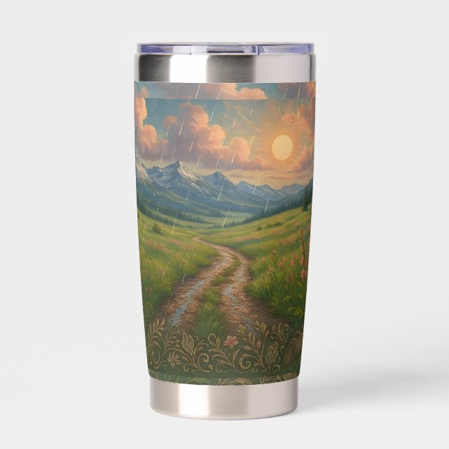 Rainy Mountain Morning Insulated Tumbler (Front)