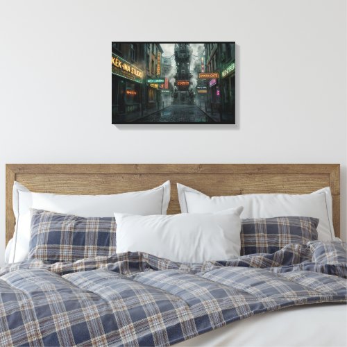 Rainy Neon Cyberpunk Alley Megacity Tower Canvas Print