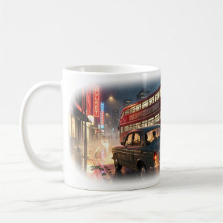 Rainy Neon Double Decker City Night Mug