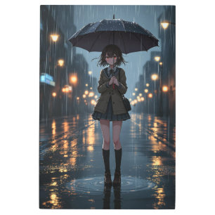 Rainy Night Anime Girl with Umbrella Metal Print