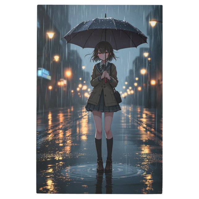 Rainy Night Anime Girl with Umbrella Metal Print (Front)