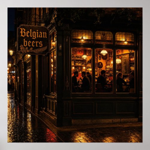 Rainy Night Belgian Pub Ambience Poster