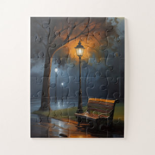 Rainy Night Park Bench – Cinematic Emotional Oil P Jigsaw Puzzle