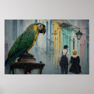 Rainy Romance with Parrot – Parrot on Lamp in Rain Poster