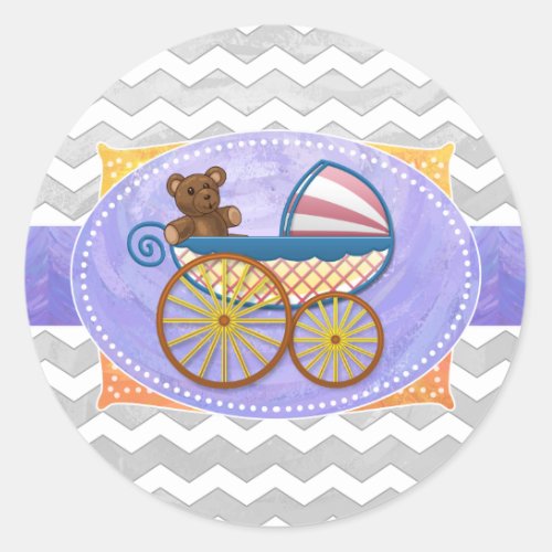 Rainy Sky Gray Chevron and Purple Baby Classic Round Sticker