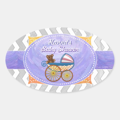 Rainy Sky Gray Chevron and Purple Baby Oval Sticker