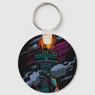 Rainy Statue of Liberty Torch Art Purple Teal NYC Keychain