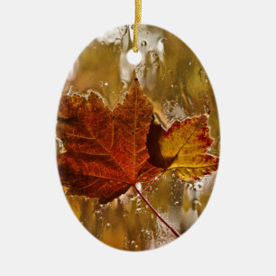 Rainy Window Maple Leaves Ceramic Ornament