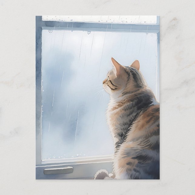 Rainy Window Watercolor Tabby Cat Postcard (Front)