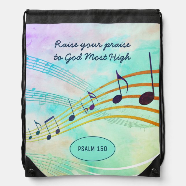 RAISE YOUR PRAISE | Music Staves | Christian Quote Drawstring Bag (Front)