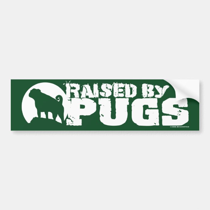 RAISED BY PUGS Green Bumper Sticker