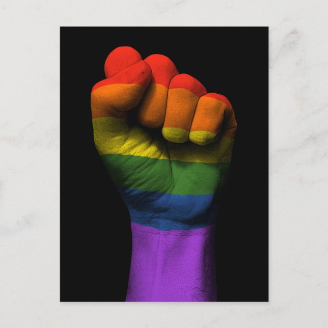 Raised Clenched Fist with Gay Pride Rainbow Flag Postcard (Front)