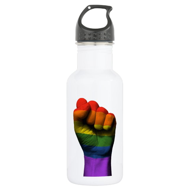 Raised Clenched Fist with Gay Pride Rainbow Flag Water Bottle (Front)