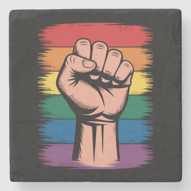Raised Fist Pride Rainbow LGBTQ Support Rights Stone Coaster (Front)