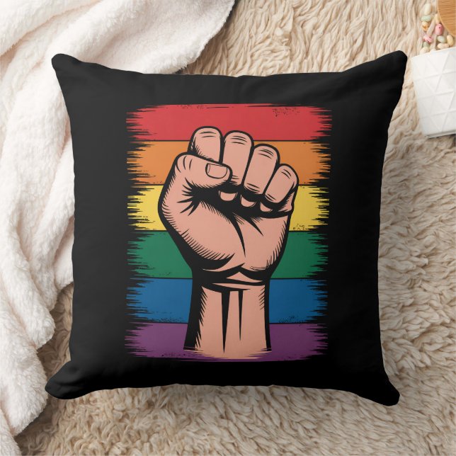 Raised Fist Pride Rainbow LGBTQ Support Rights Throw Pillow (Blanket)