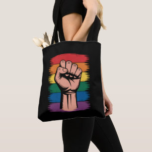 Raised Fist Pride Rainbow LGBTQ Support Rights Tote Bag