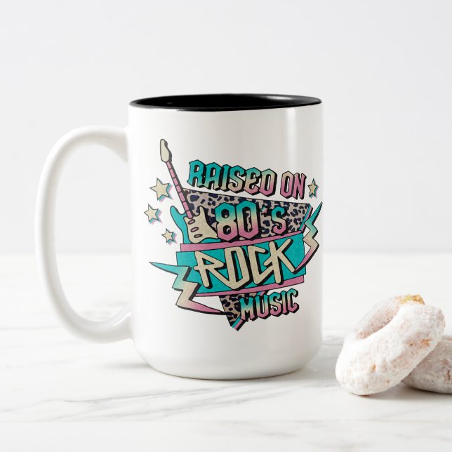 Raised on 80s Rock Music Two-Tone Coffee Mug (With Donut)