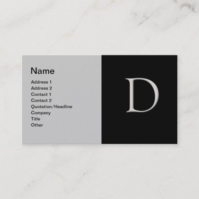 Raised Silver Letter "D" Business Card (Front)