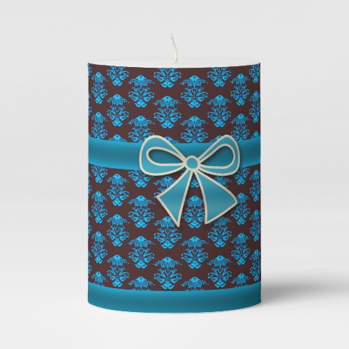 Raisin Brown and Electric Blue Damask Teal Bands Pillar Candle