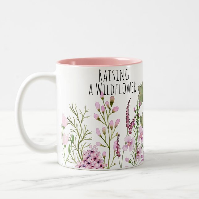 Raising a Wildflower Girl Mom New Mama Watercolor  Two-Tone Coffee Mug (Left)