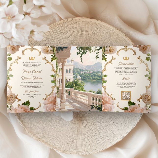 Rajasthan Royal Lake Palace Indian Wedding QR Code Tri-Fold Invitation (Inside)