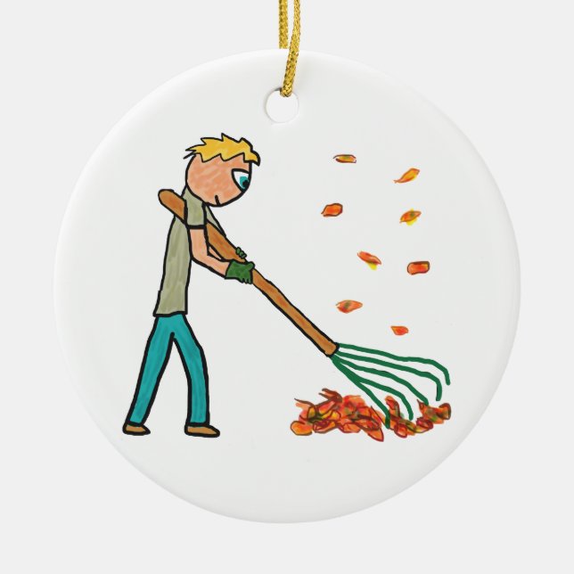 Raking Autumn Leaves Ceramic Ornament (Front)