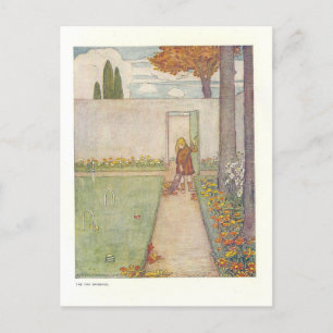 Raking Leaves Vintage Illustration Postcard
