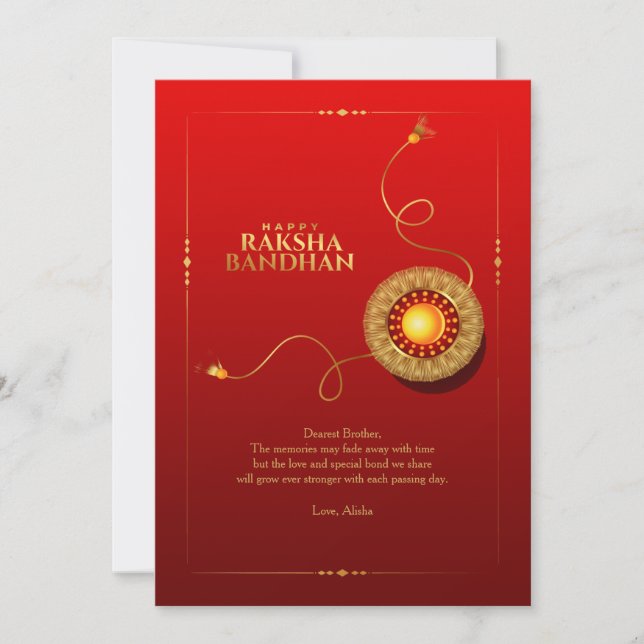 Raksha Bandhan Red and Gold Greeting Card (Front)