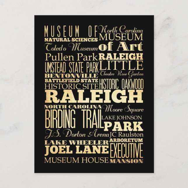 Raleigh City of North Carolina State Typography Postcard (Front)