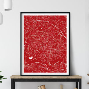 Raleigh Map, Minimal Red Line Map Poster
