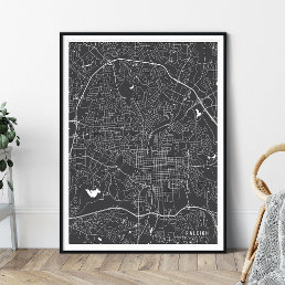 Raleigh Map, Modern Charcoal Gray City Map Poster