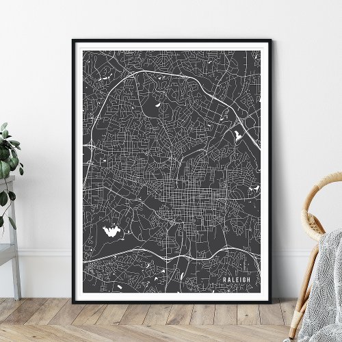 Raleigh Map Modern Charcoal Gray City Map Poster