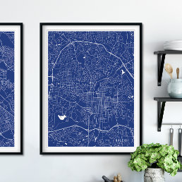 Raleigh Map, Modern Navy Blue City Map Poster
