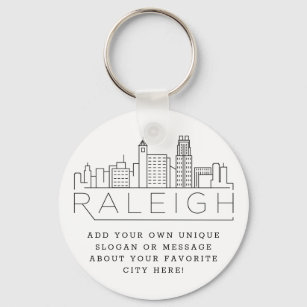 Raleigh, NC Stylized Skyline   Custom Slogan Keychain