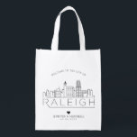 Raleigh, North Carolina Wedding | Stylized Skyline Grocery Bag<br><div class="desc">A unique wedding bag for a wedding taking place in the beautiful city of Raleigh,  North Carolina.  This bag features a stylized illustration of the city's unique skyline with its name underneath.  This is followed by your wedding day information in a matching open lined style.</div>