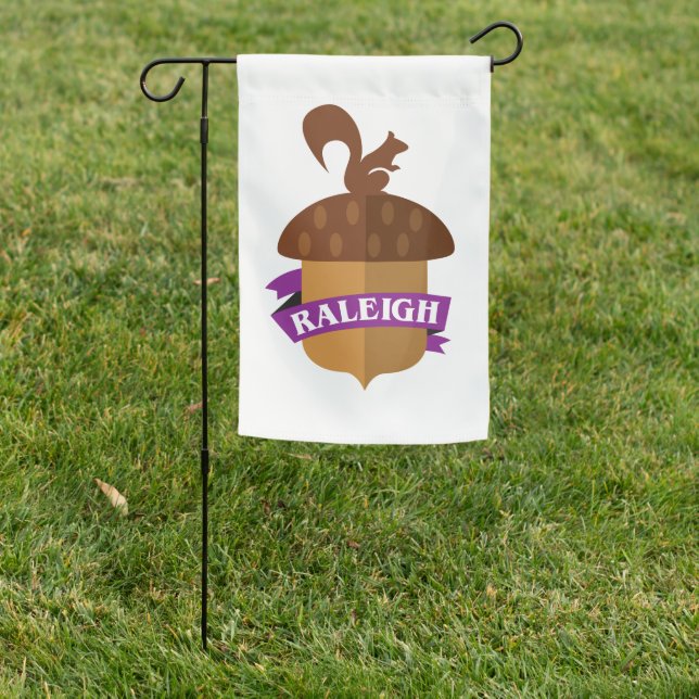 Raleigh squirrel and acorn garden flag (In SItu)