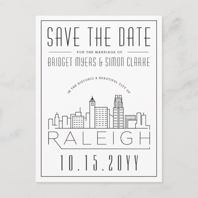 Raleigh Wedding | Stylized Skyline Save the Date Postcard (Front)