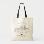 Raleigh Wedding | Stylized Skyline Tote Bag<br><div class="desc">A unique wedding tote bag for a wedding taking place in the beautiful city of Raleigh,  North Carolina.  This tote features a stylized illustration of the city's unique skyline with its name underneath.  This is followed by your wedding day information in a matching open lined style.</div>