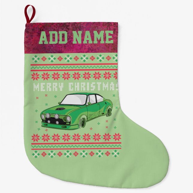 Rally Car Ugly Christmas Sweater Large Christmas Stocking (Front)