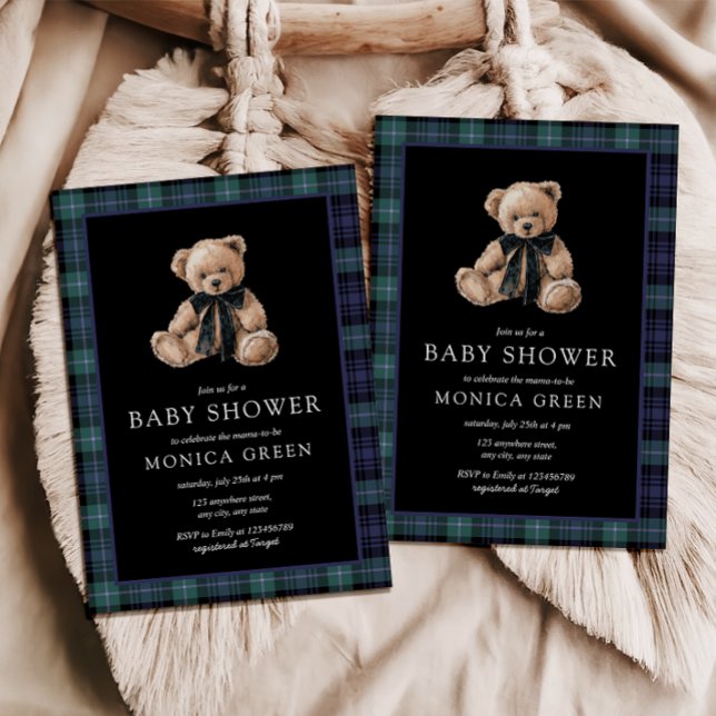 Ralph Teddy Bear Navy Green Plaid Baby Shower Invitation (Ralph Christmas Baby Shower Invitation Plaid Green Blue Plaid Tartan Teddy Bear)