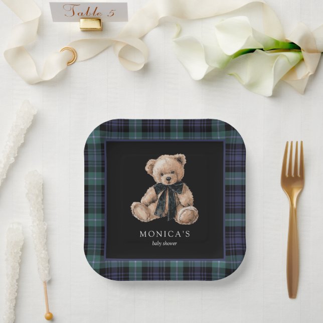 Ralph Teddy Bear Navy Green Plaid Baby Shower Paper Plates (Wedding)