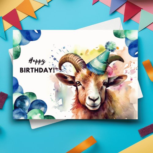 Ram Balloons and Party Hat Sheep Happy Birthday Card